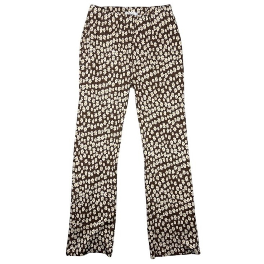 Polagram Womens Brown Daisy Floral Knit Flare Pants High Rise Retro Boho Size M‎